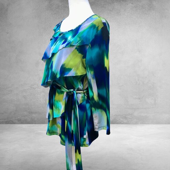 Worthington Abstract Layered Asymmetrical Ruffle Top with Tie Waist (Sz L) - Picture 7 of 14